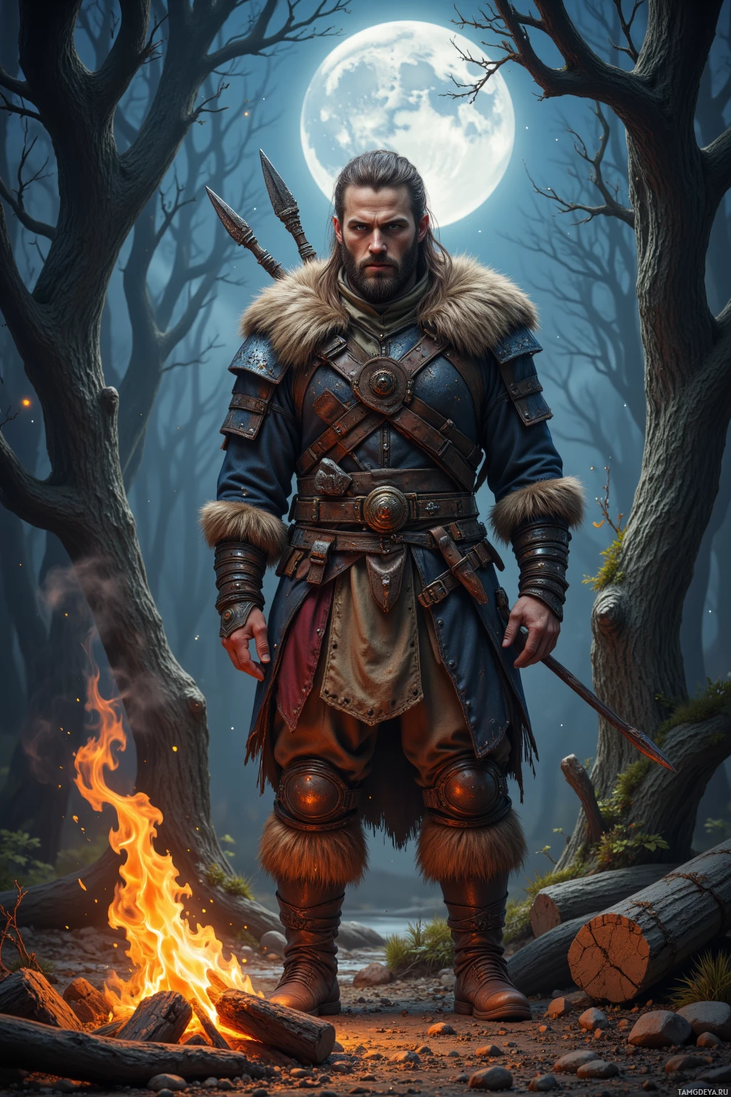 A warrior stands in a moonlit forest, surrounded by fire and bare trees.