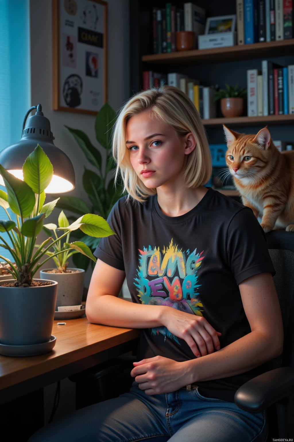 A person sits at a desk with a cat, surrounded by plants and books.