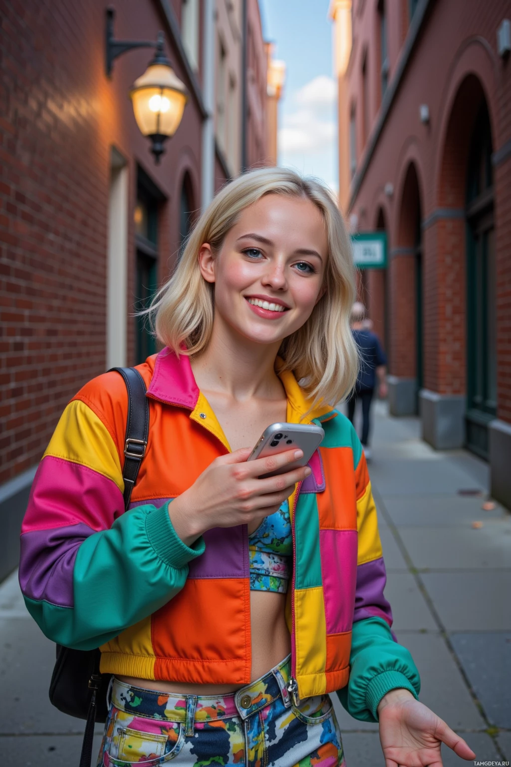 A person in a colorful jacket and patterned pants holds a phone while walking down a street.