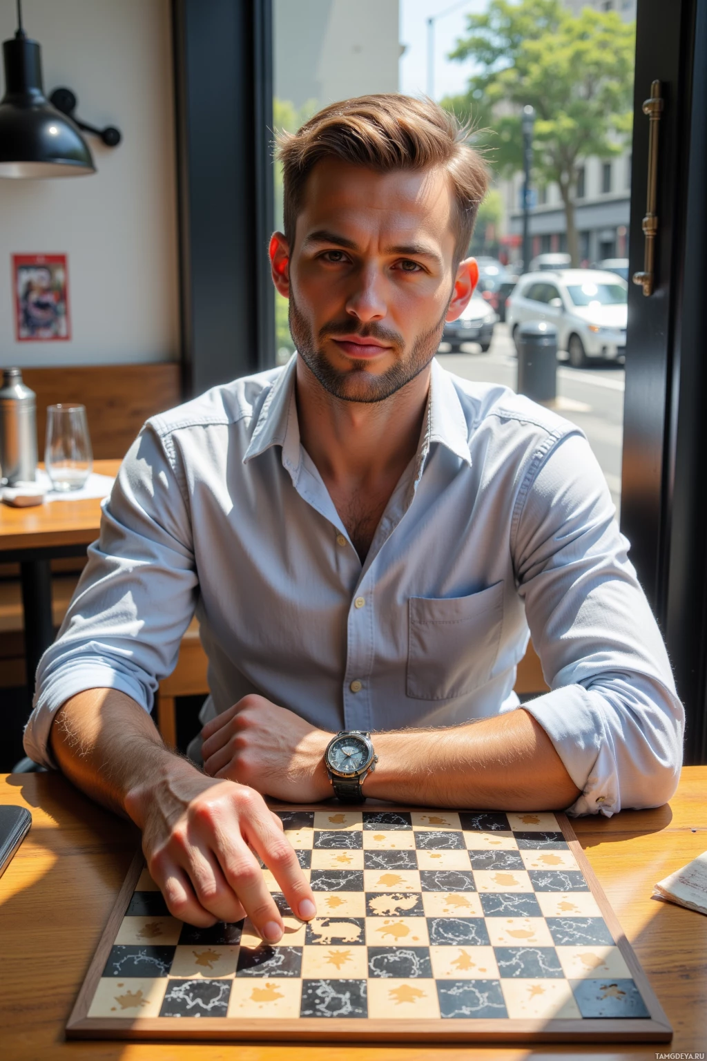 A man sits at a table with a chessboard, wearing a light shirt and a wristwatch.