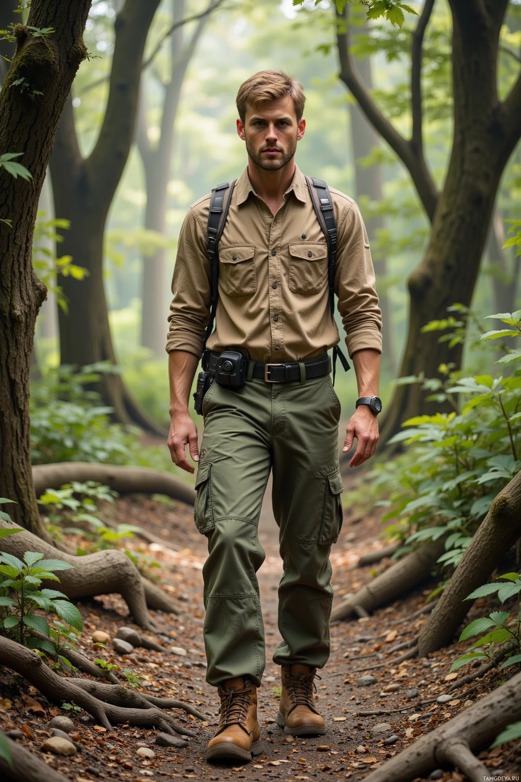 A man in a khaki shirt and olive green cargo pants walks through a forest.