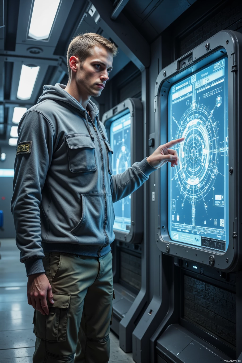A person in a hoodie and cargo pants interacts with a futuristic touch screen interface.