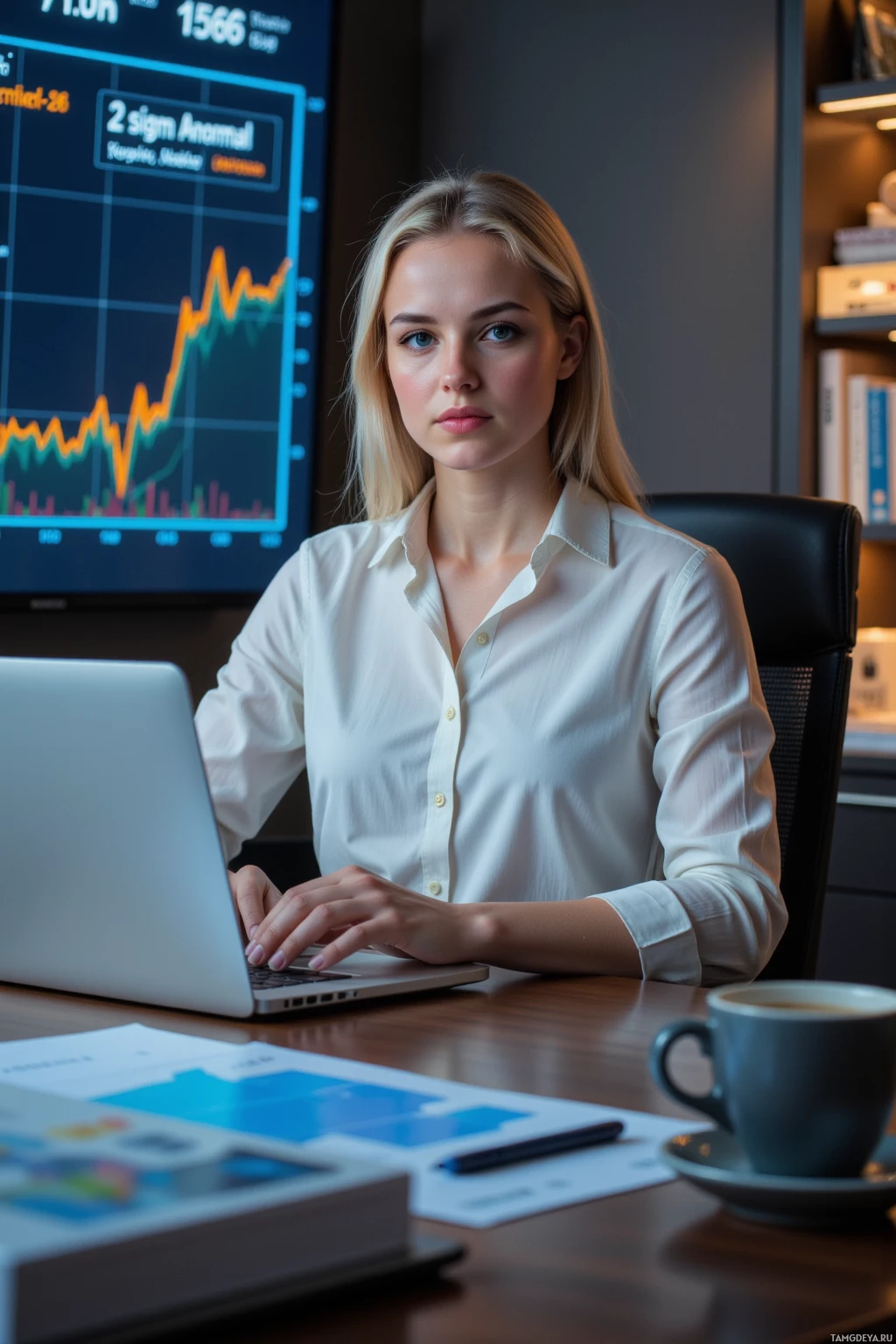 A woman in a white shirt works at a desk with a laptop, surrounded by documents and a monitor displaying financial data.