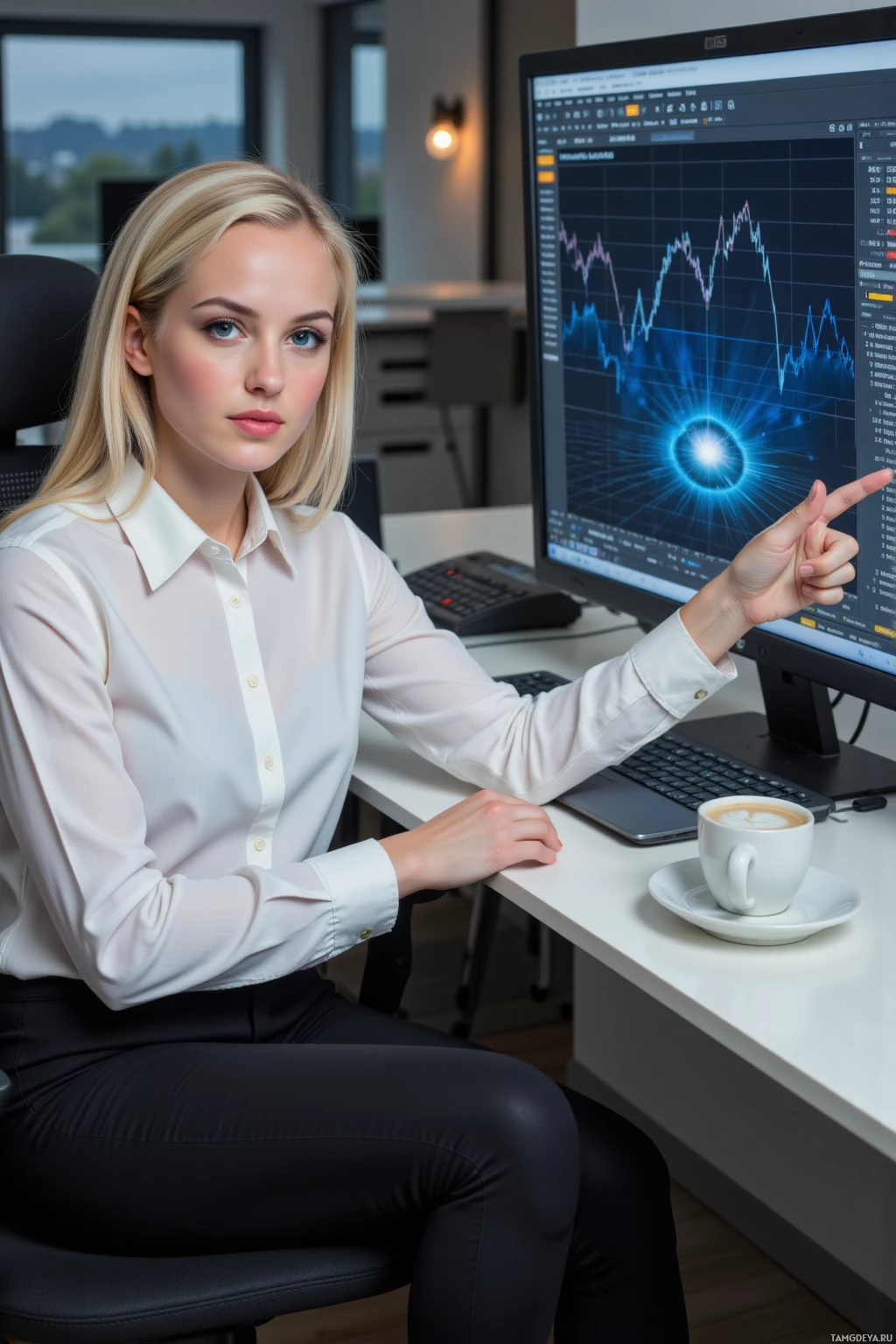 A woman in a white shirt sits at a desk with a computer displaying a graph, pointing at the screen.