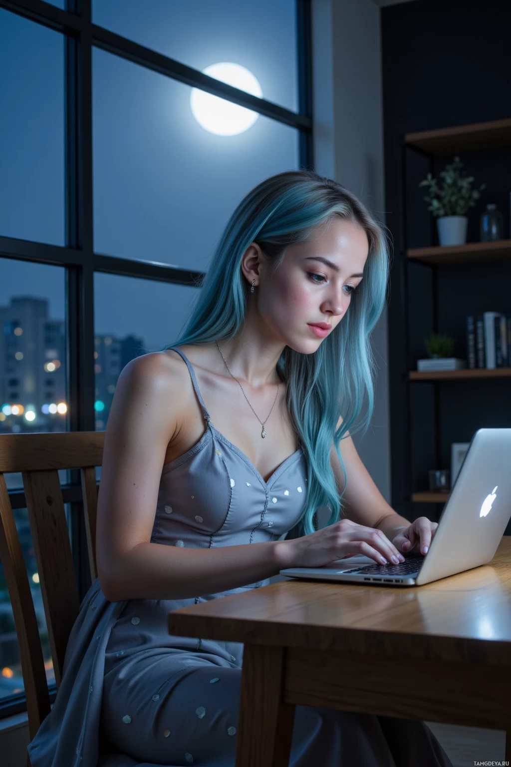 A woman with blue hair works on a laptop in a dimly lit room with a large window showing a cityscape at night.