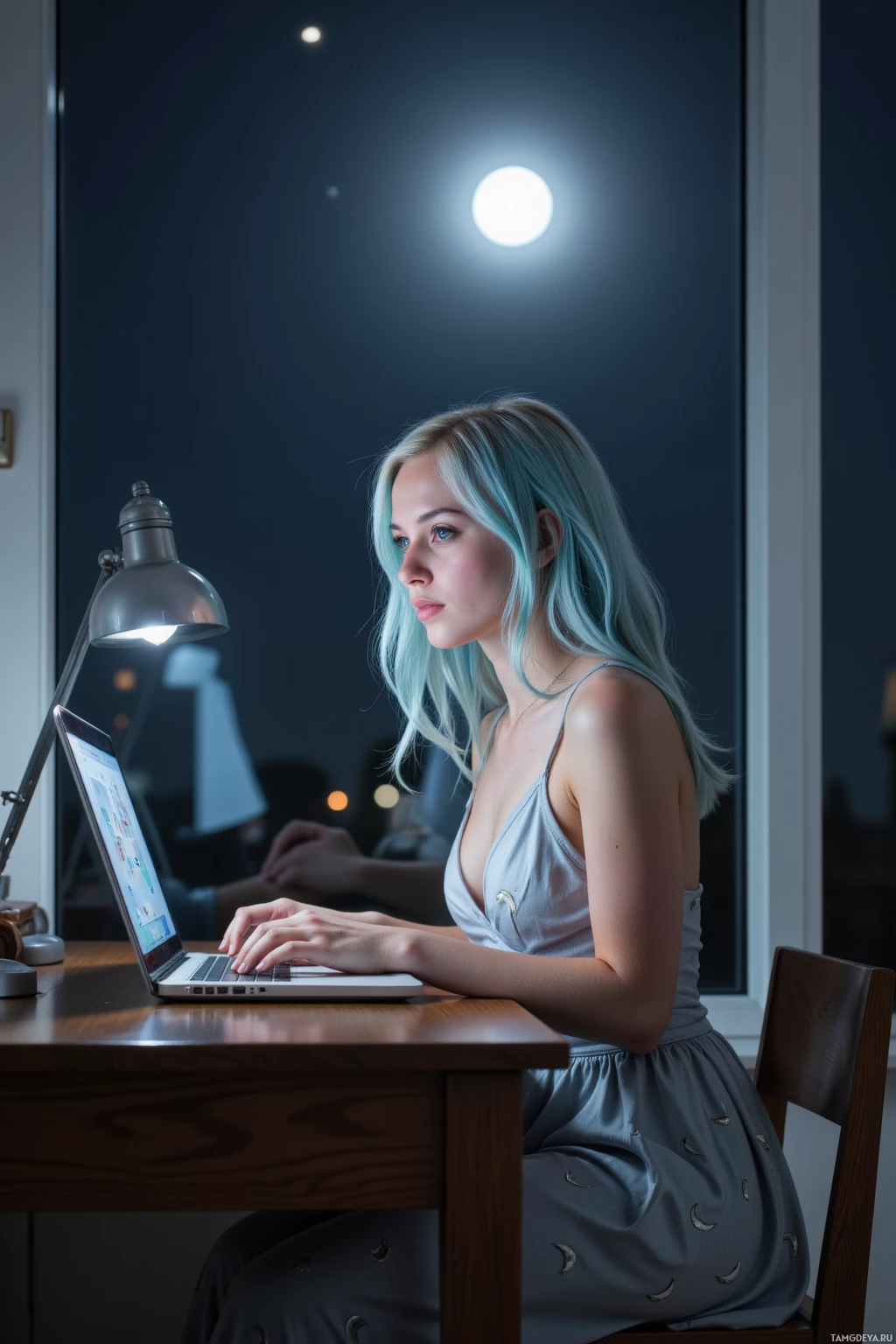 A woman with light blue hair sits at a desk, working on a laptop under a desk lamp.