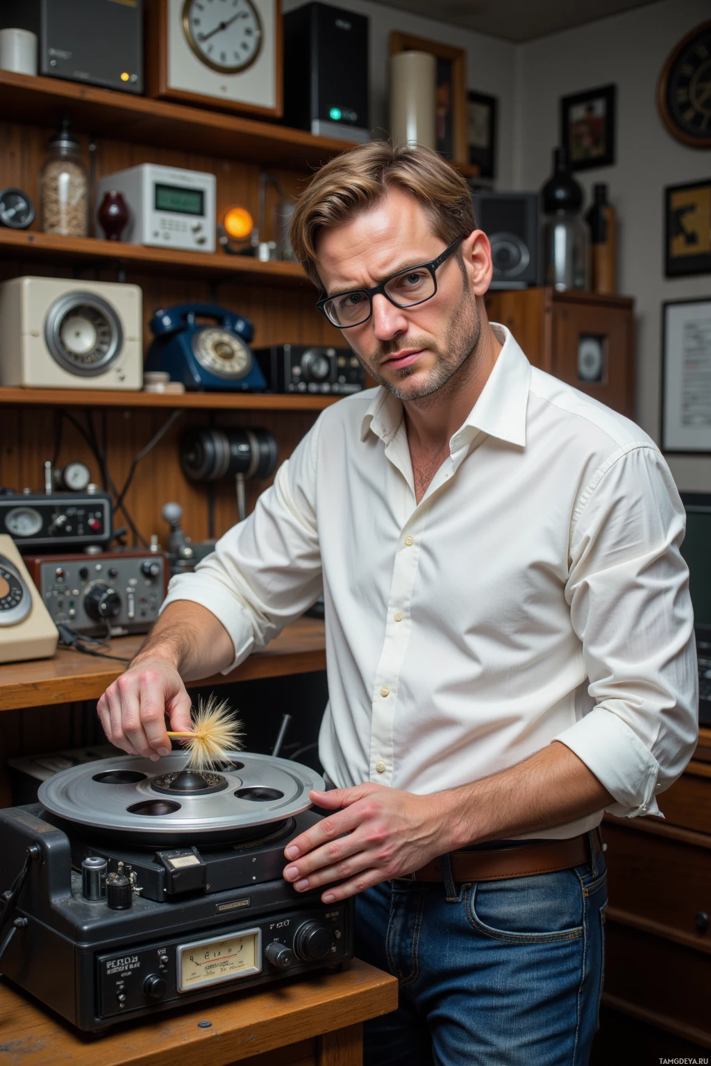 A man in a white shirt and glasses stands beside a vintage reel-to-reel tape recorder, cleaning the tape with a brush.