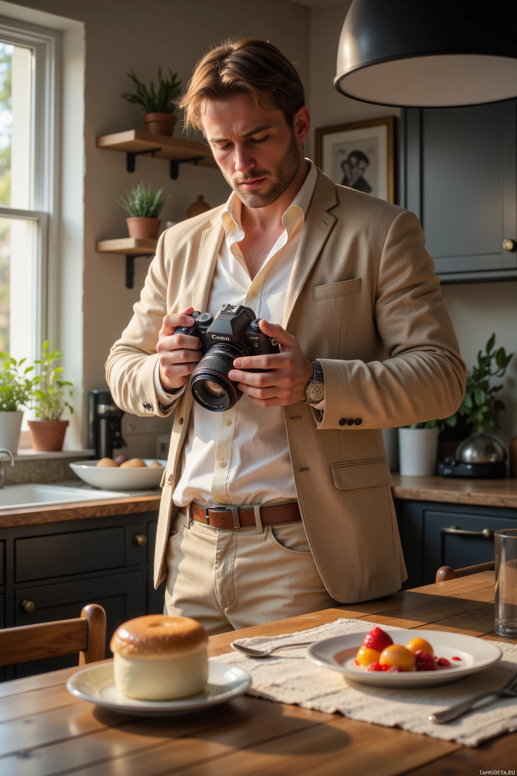 A man in a beige suit stands in a kitchen, holding a camera.