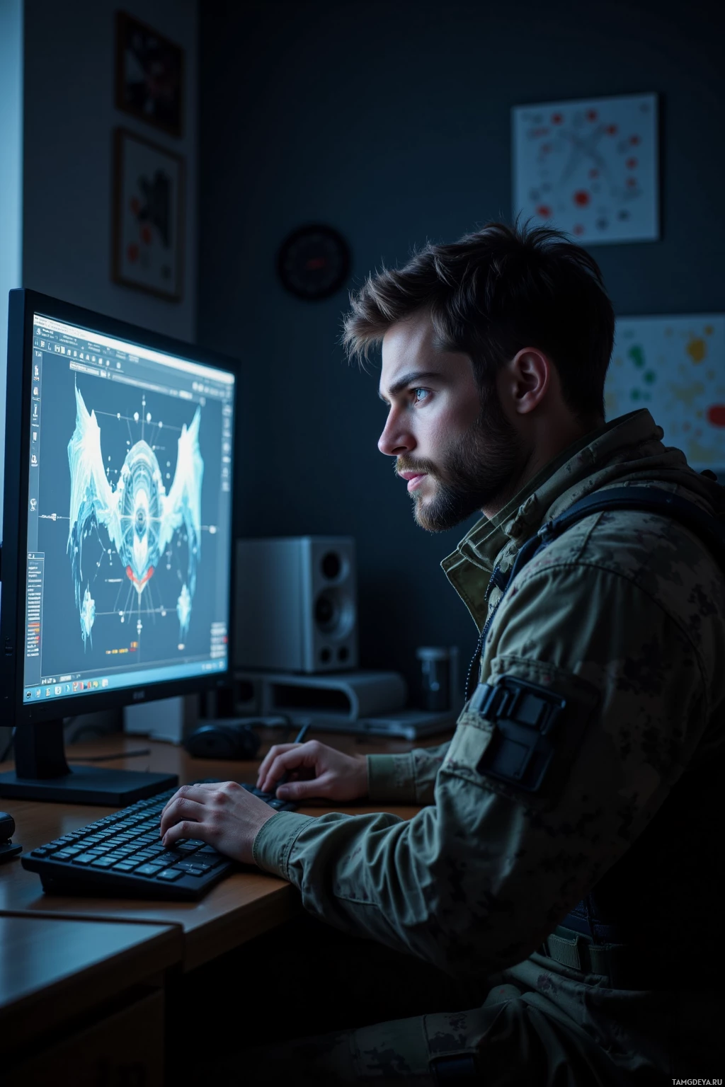 A person in military attire is working at a computer with a focused expression.