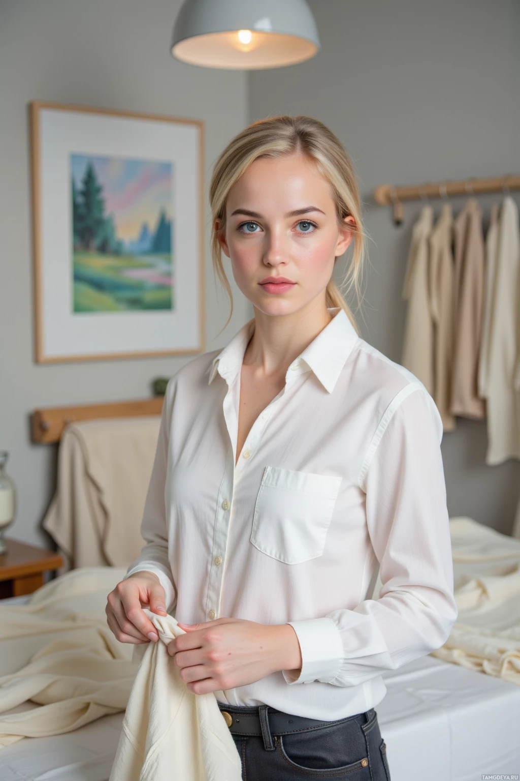 A person wearing a white blouse and jeans stands in a room with a bed and artwork in the background.