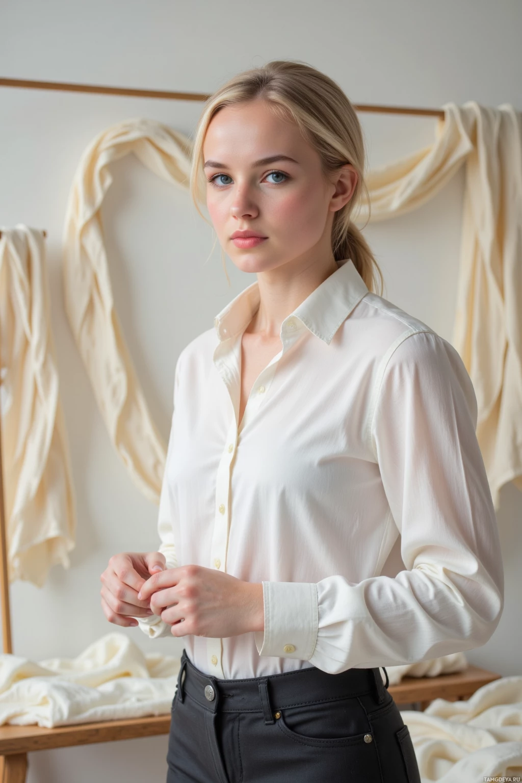 A person wearing a white button-up shirt and dark pants stands in a room with draped fabric.