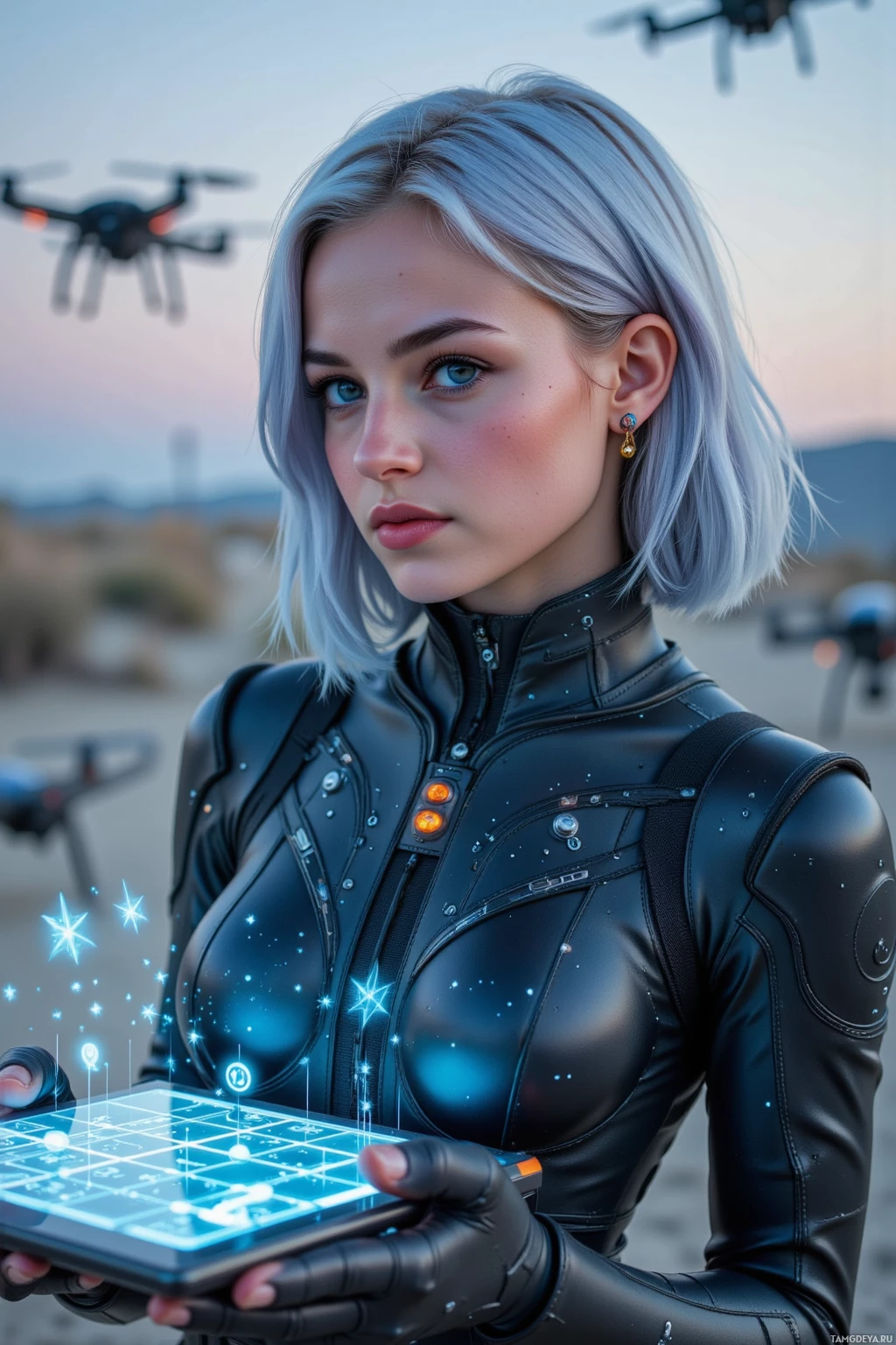 A person in a futuristic black outfit holds a glowing tablet with a drone flying in the background.