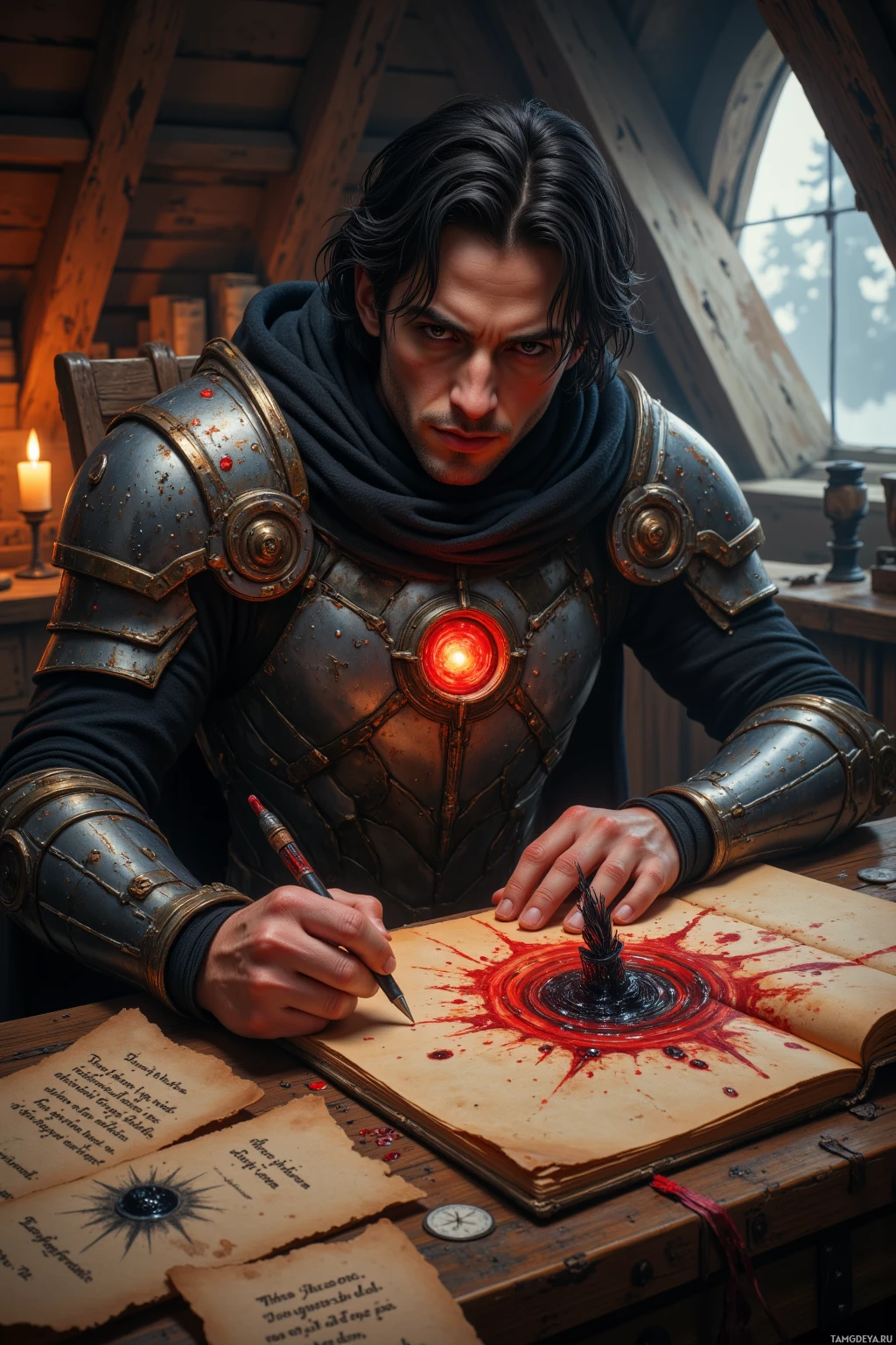 A person in armor is writing in a book with a red glowing heart emblem on their chest.