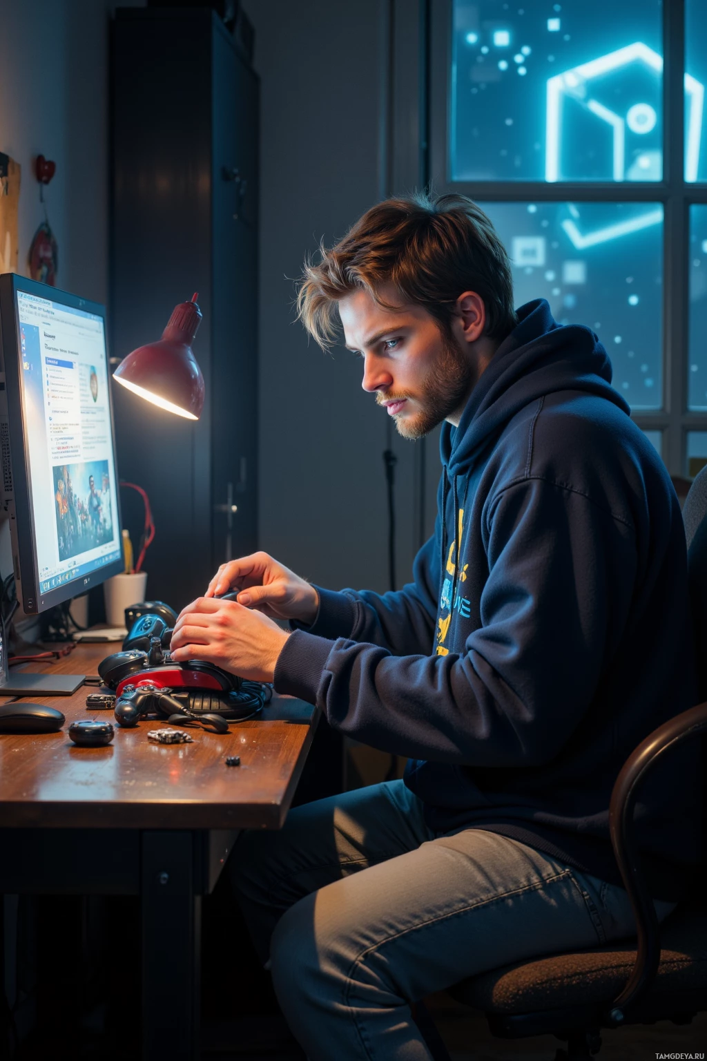 A person in a hoodie sits at a desk, working on a computer.