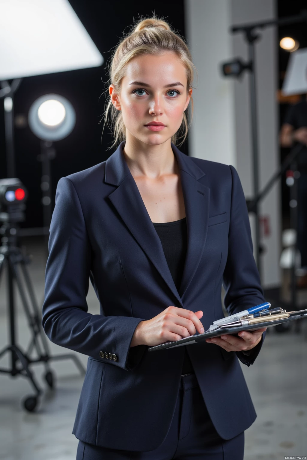 A woman in a professional navy suit holds a clipboard in a studio setting.