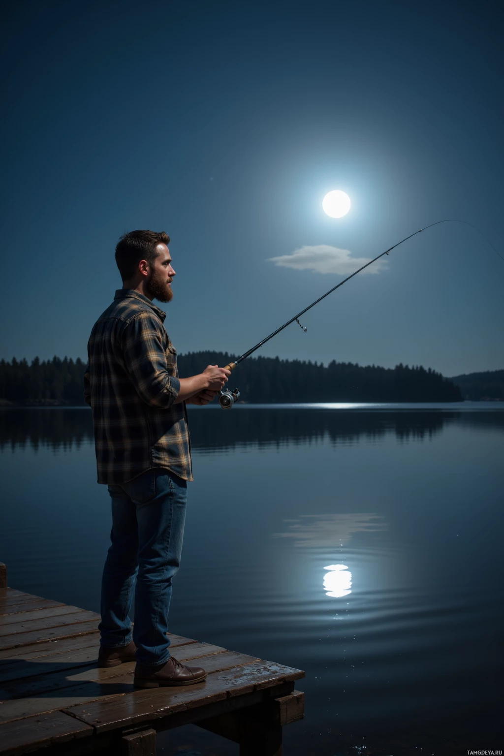 A man fishing on a dock under a full moon.