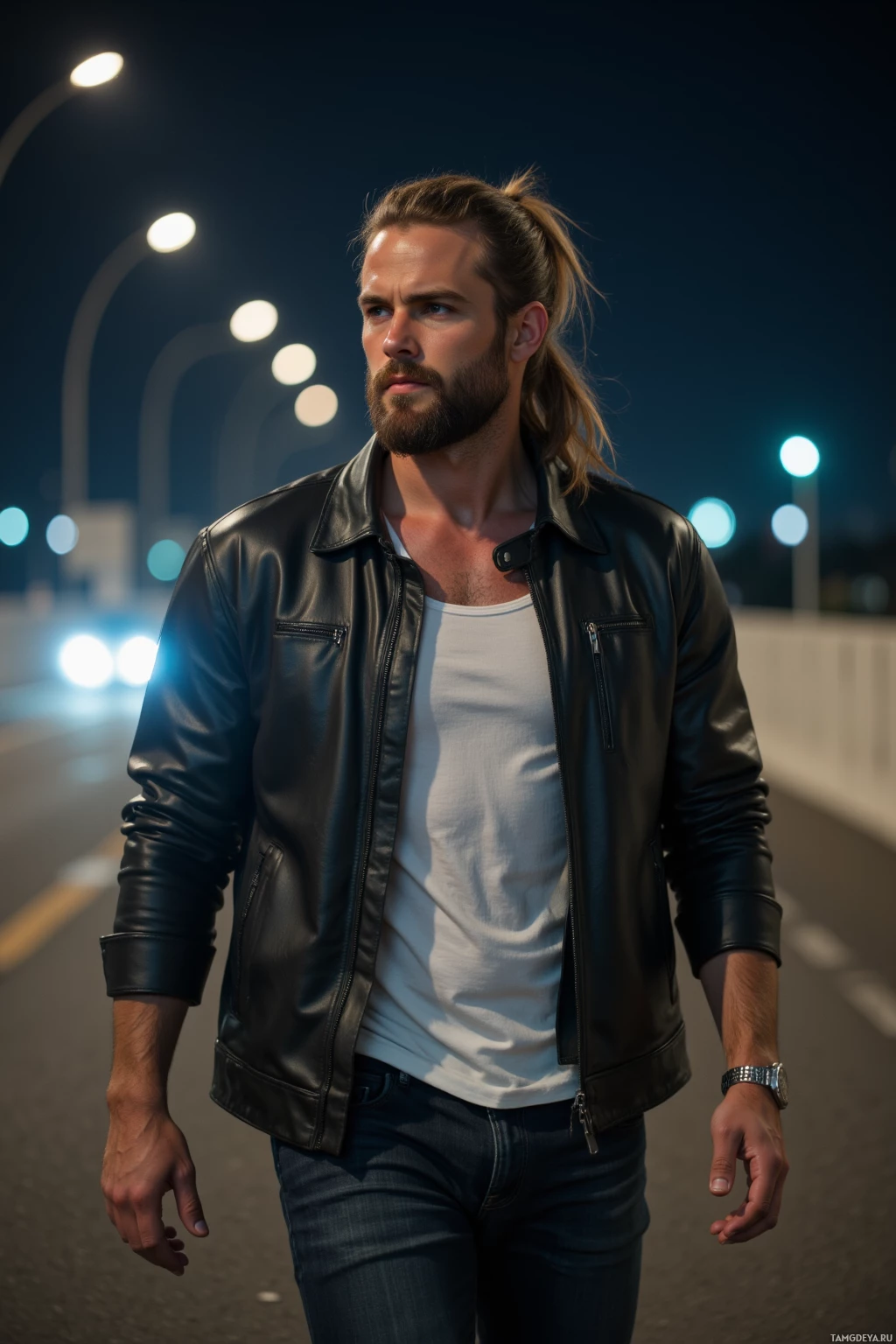 A man in a leather jacket and jeans walks on a road at night.