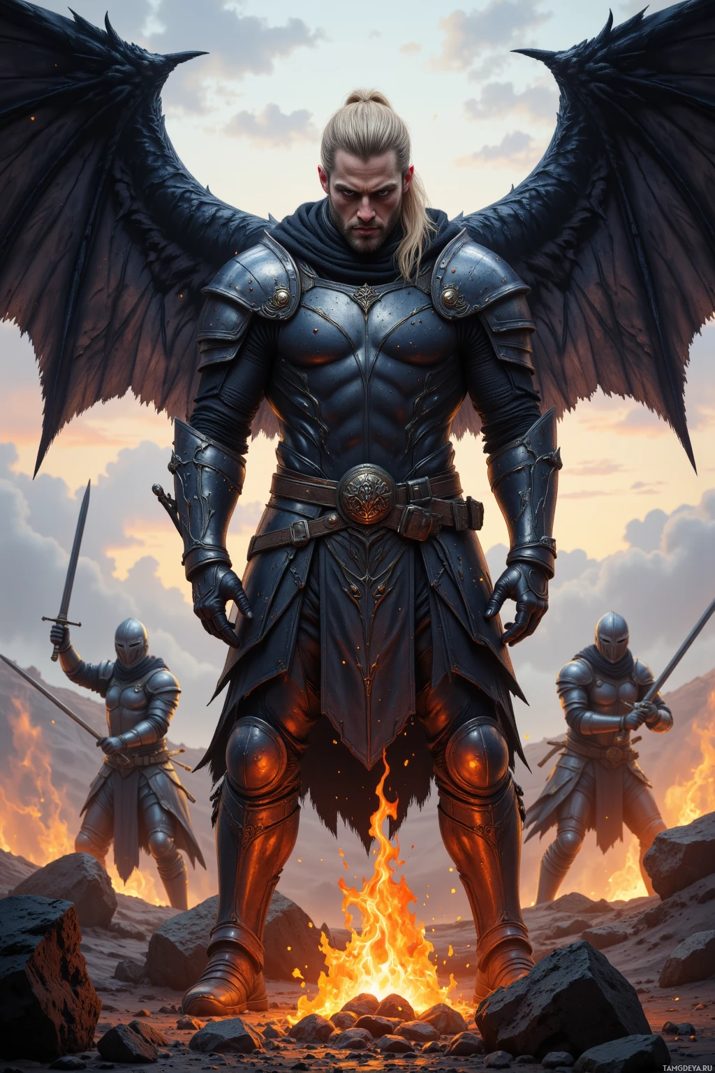 A powerful armored figure with wings stands amidst a fiery landscape, flanked by two other knights.