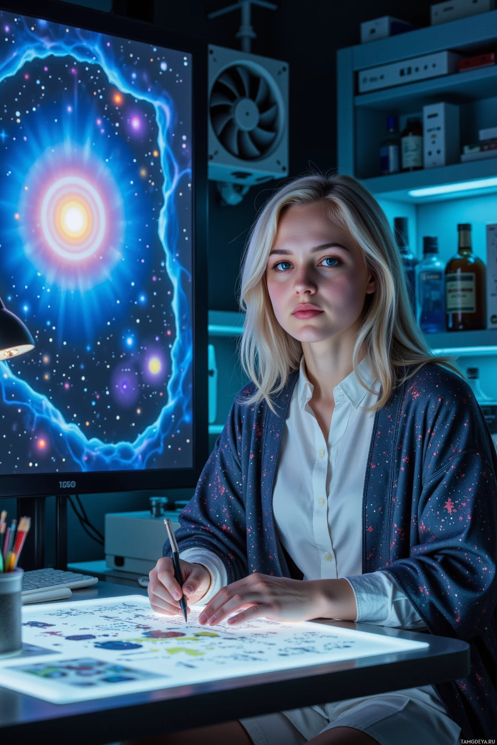 A person is sitting at a desk, drawing on a lightbox with a pen, in front of a monitor displaying a cosmic image.