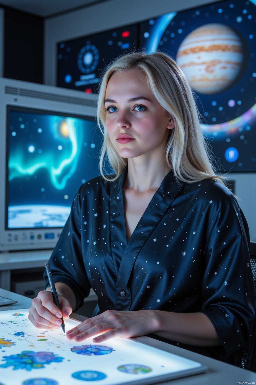 A person in a star-patterned shirt is working at a desk with a lightbox, surrounded by space-themed visuals.