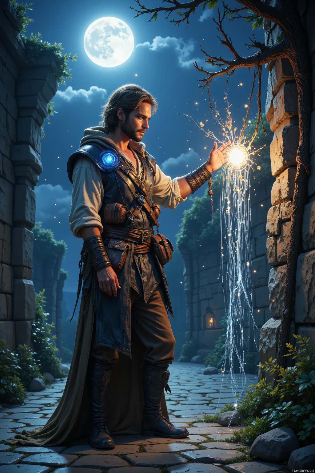 A man in a fantasy setting stands under a full moon, holding a glowing object that emits light.