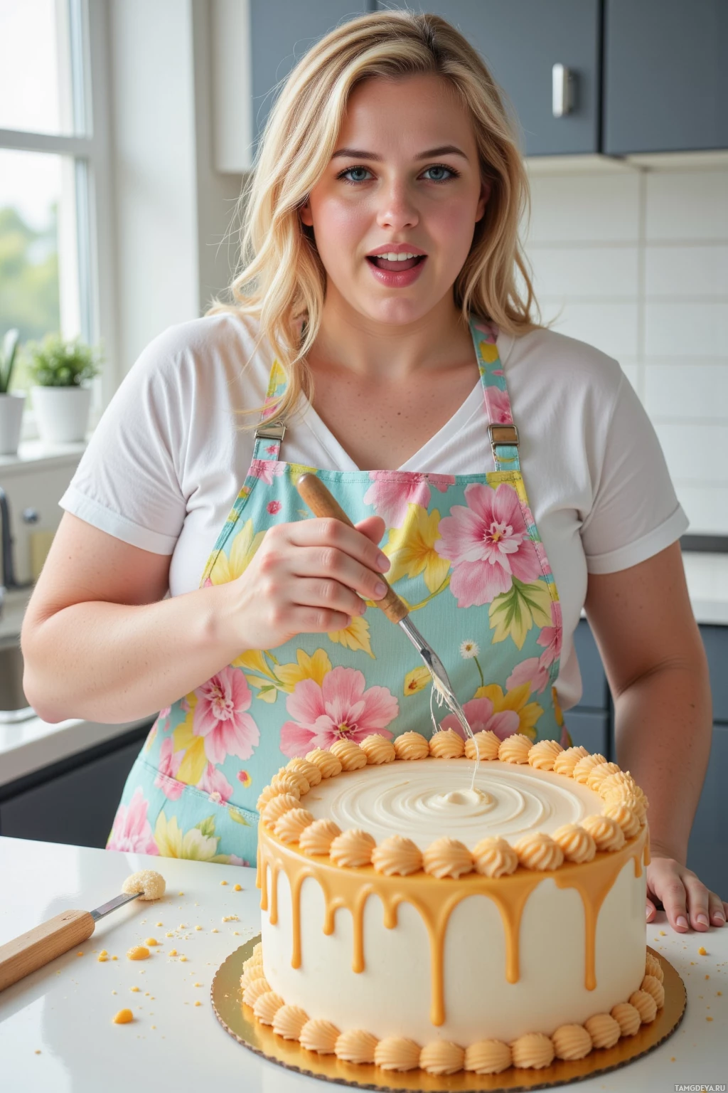 A person in a floral apron decorates a cake with frosting.