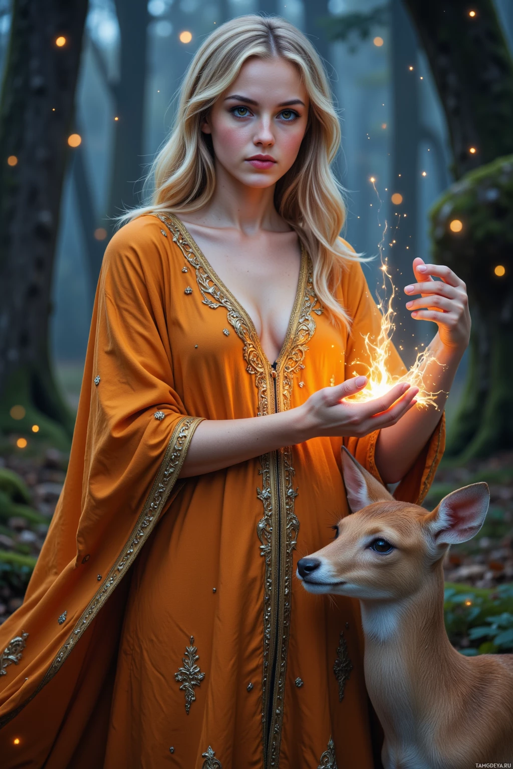 A woman in an ornate orange gown holds a glowing object, accompanied by a deer in a forest setting.