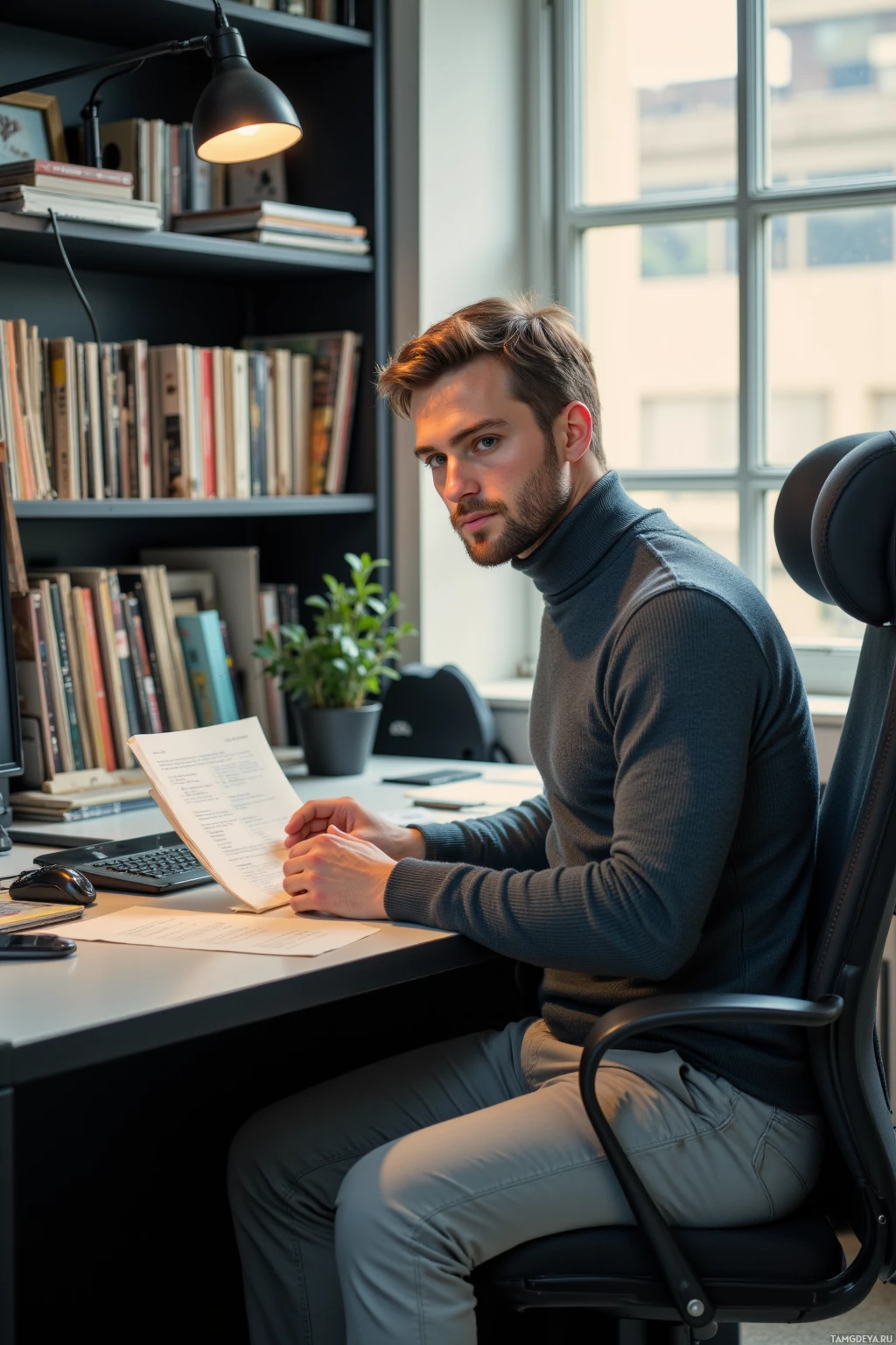 A man sits at a desk in a well-lit room, reading a document.