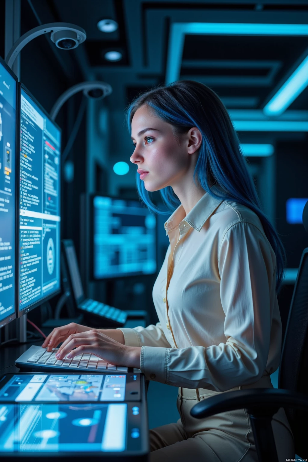A woman works at a computer in a modern, dimly lit office environment.