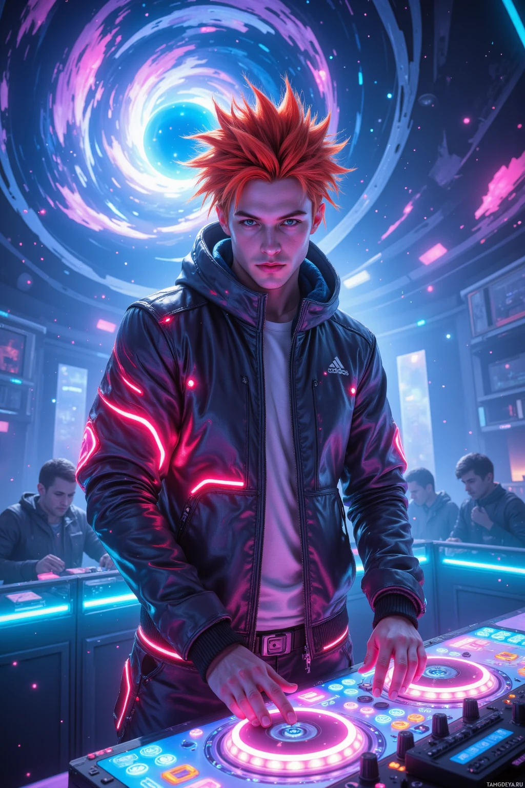A person with spiky red hair stands behind a DJ console in a vibrant, neon-lit club setting.