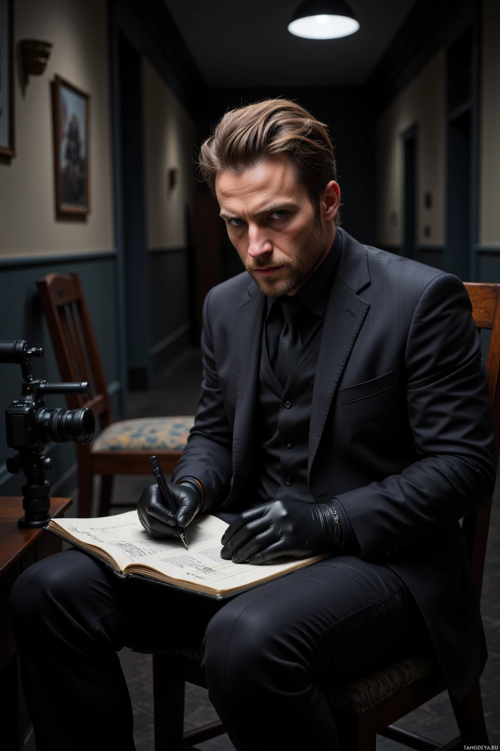 A man in a black suit and gloves sits at a desk, writing in a notebook.