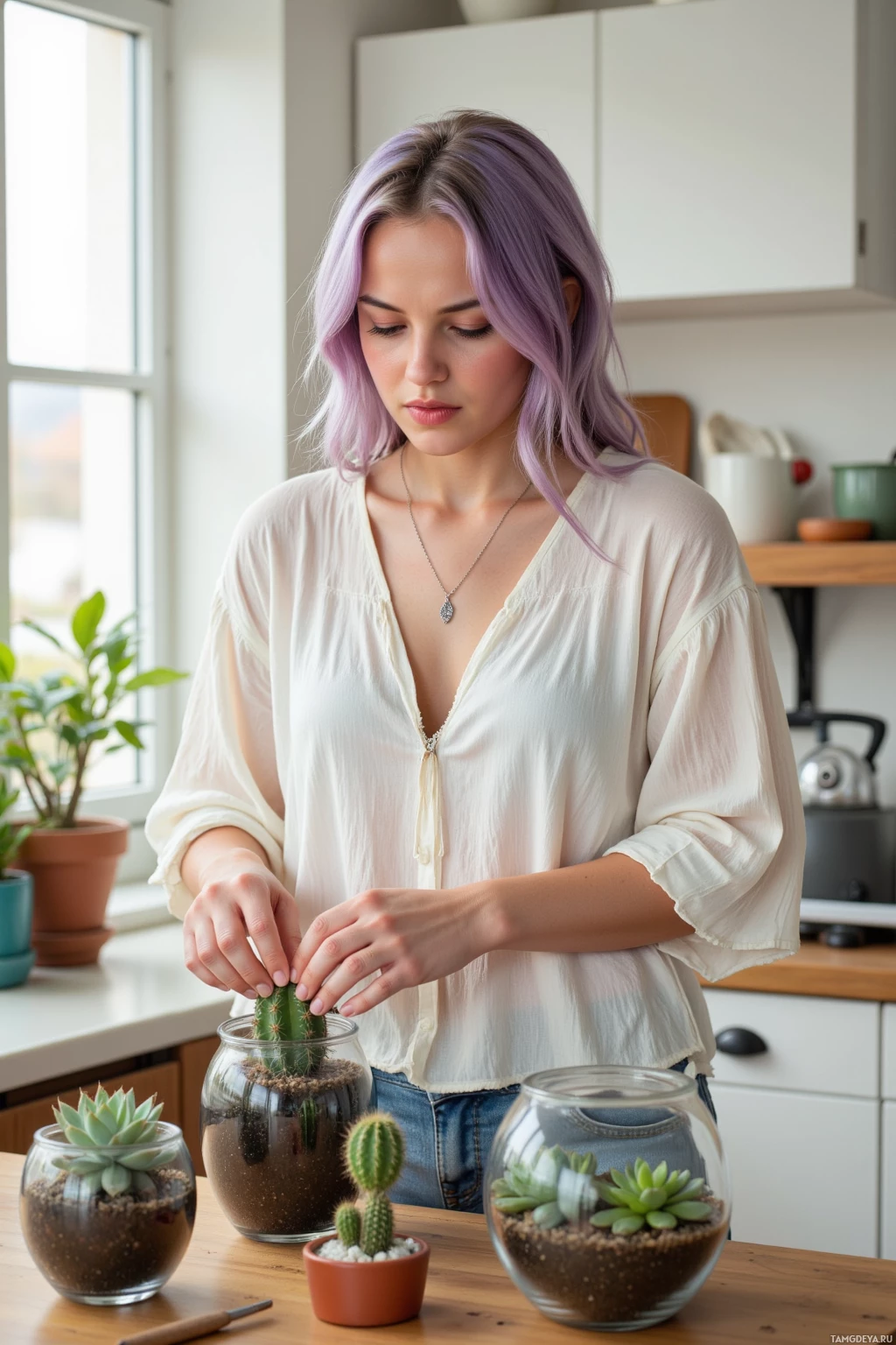 A person with purple hair is arranging a cactus in a glass jar on a kitchen counter.