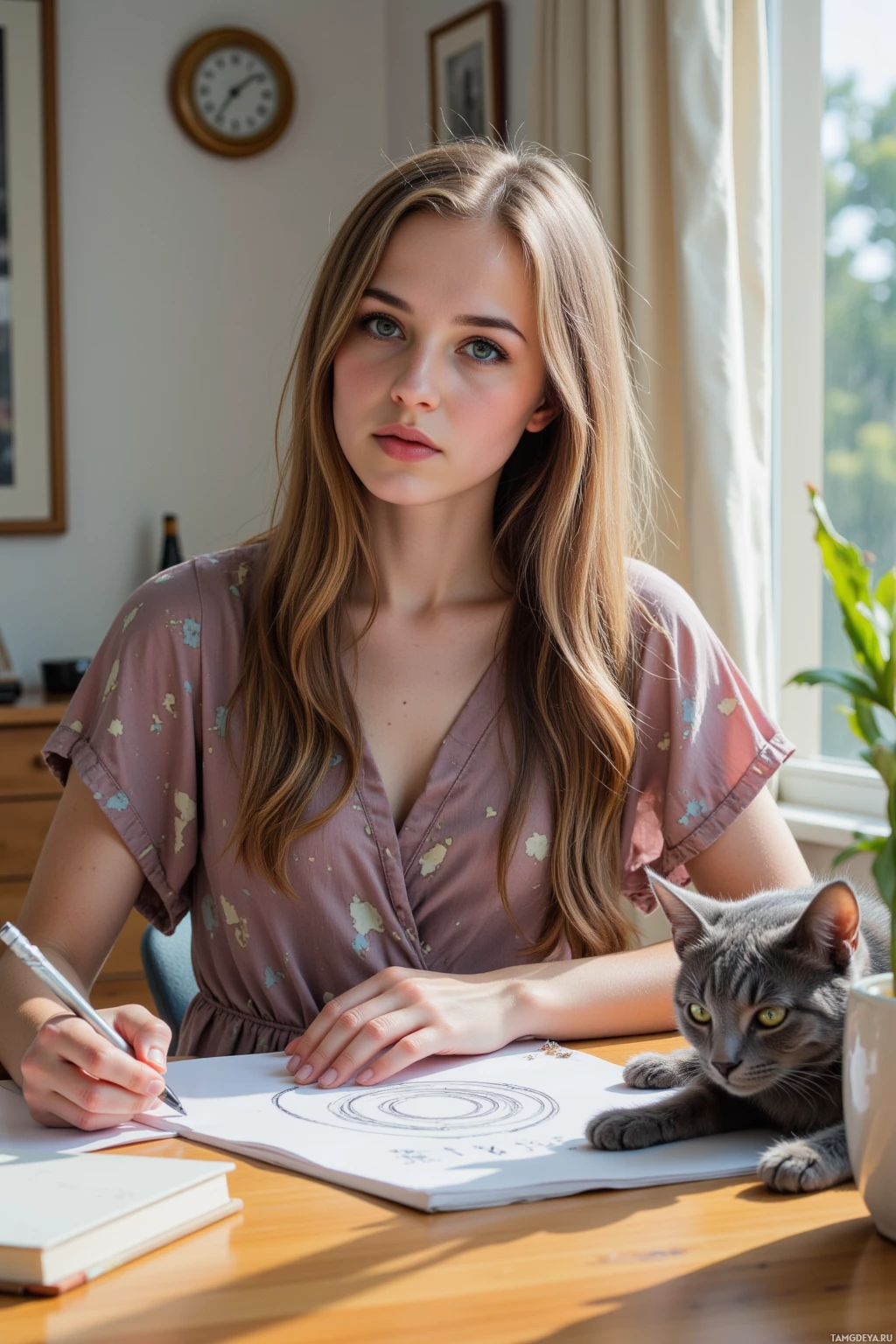 A woman sits at a desk with a cat, drawing a circular pattern on paper.