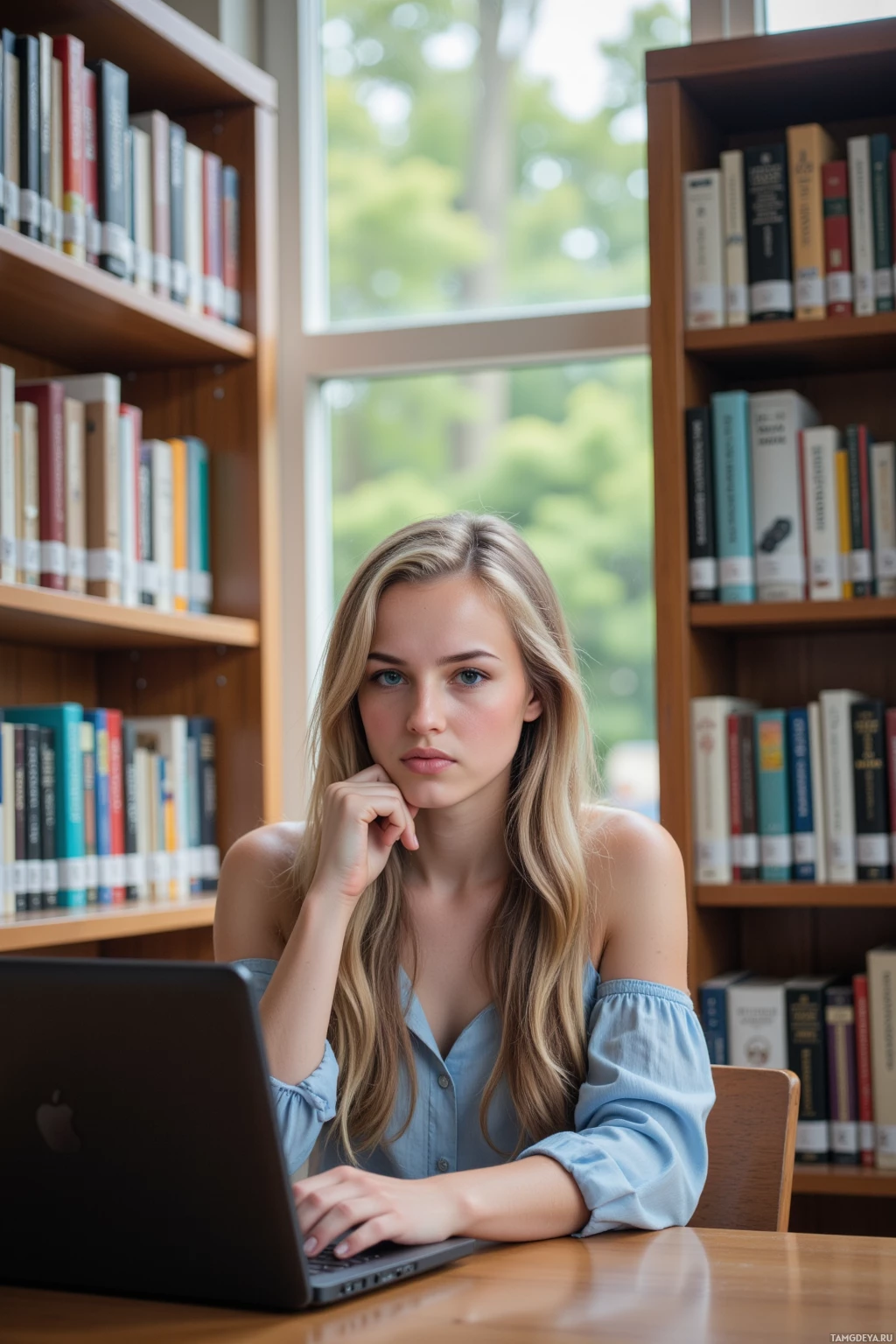 A young woman sits at a desk in a library, using a laptop.