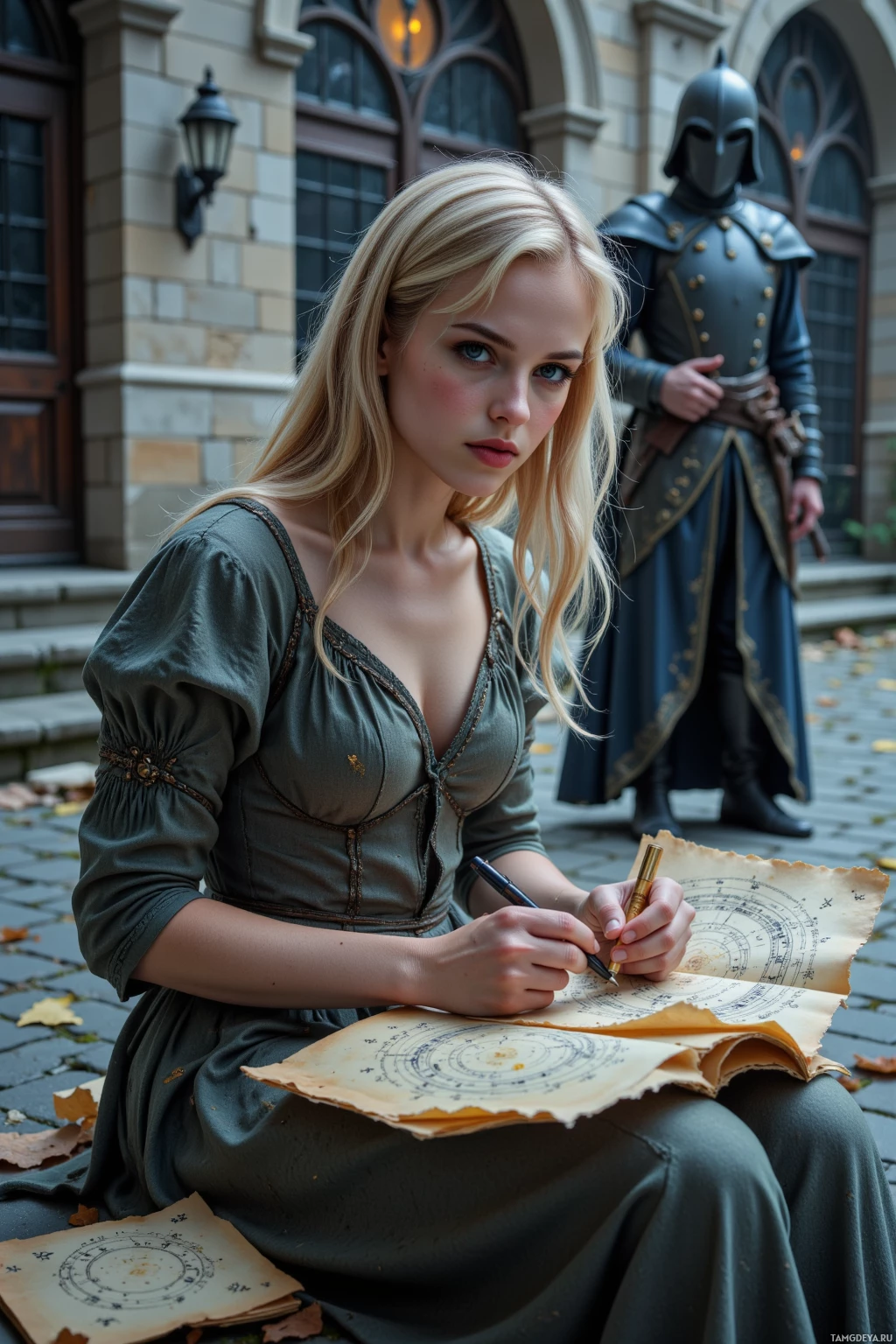 A woman in a medieval-style dress writes on a parchment while a knight stands behind her.