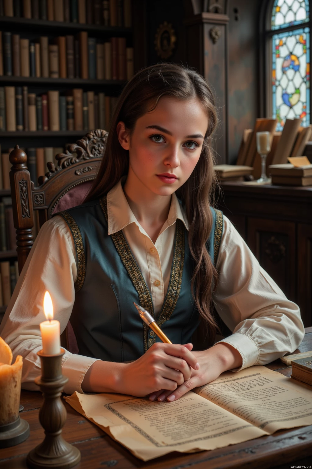 A young woman sits at a desk in a library, holding a quill pen, with an open book and a lit candle nearby.