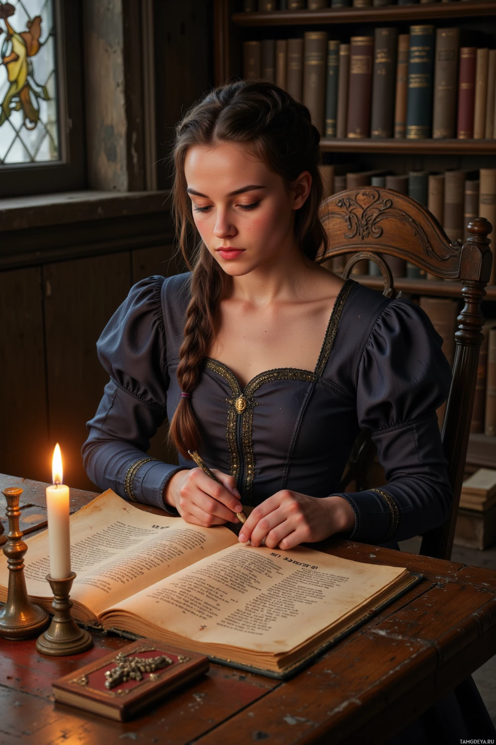 A woman in historical attire is writing in a book by candlelight in a library.