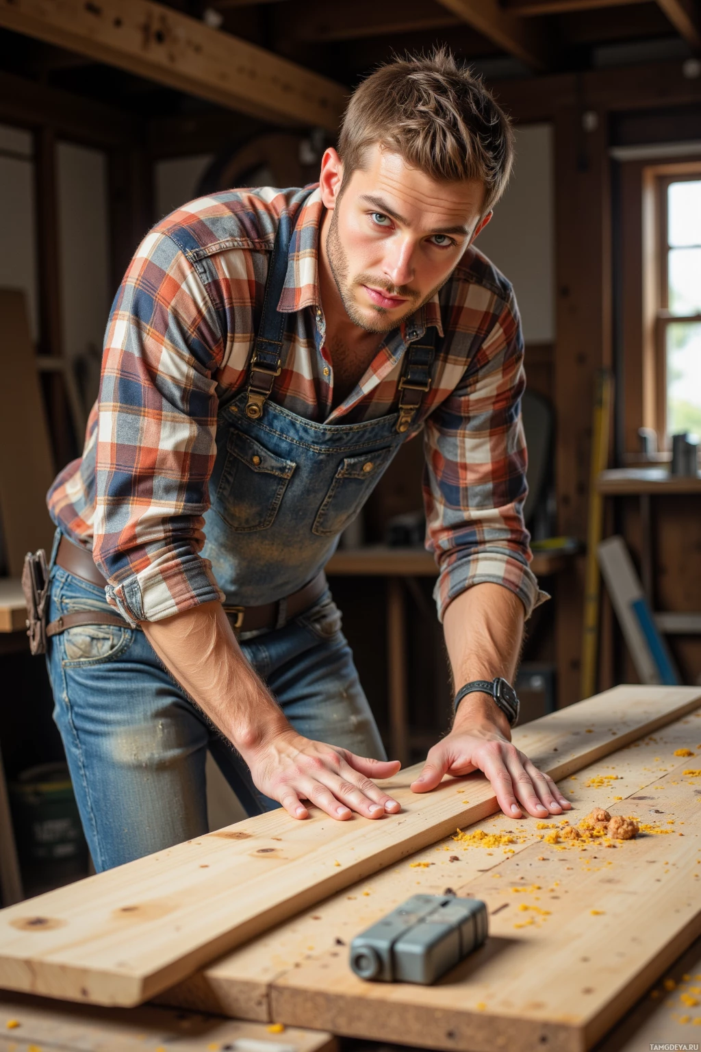 A man in a plaid shirt and overalls is working on a woodworking project.