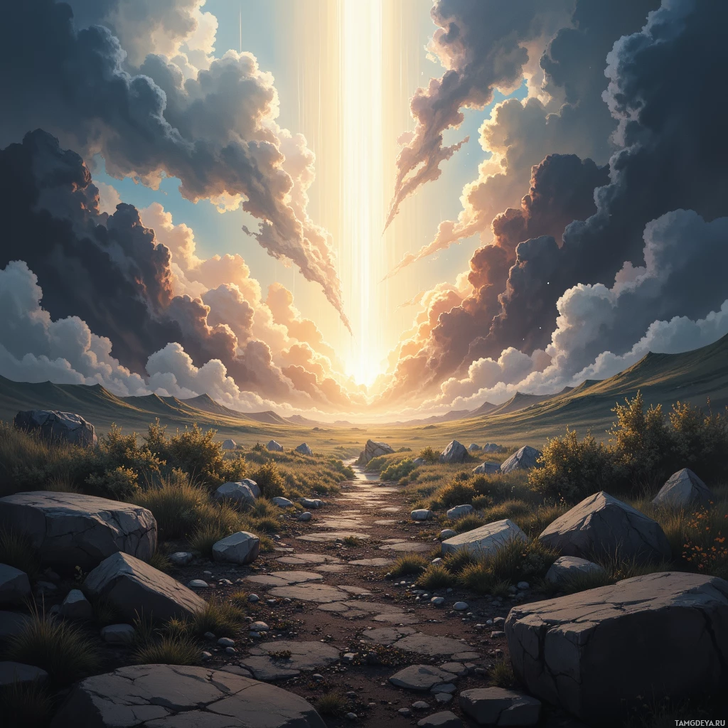 A serene landscape with a sunlit sky, dramatic clouds, and a rocky path leading through a grassy field.