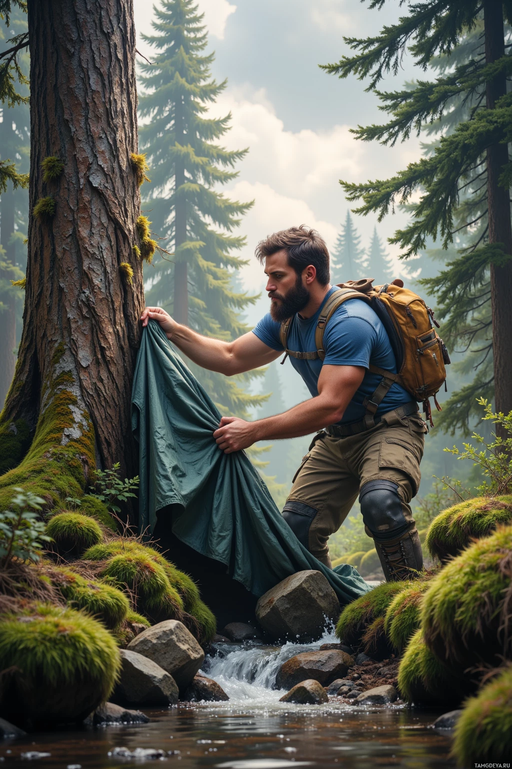 A man sets up a tent in a serene forest near a stream.