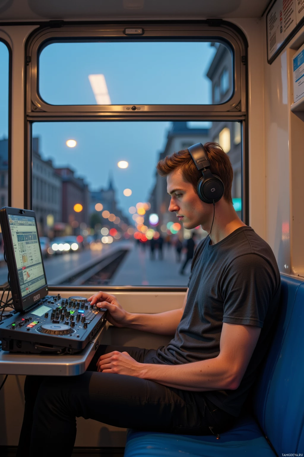 A person wearing headphones sits in a tram, using a DJ mixer and looking out the window at the evening cityscape.