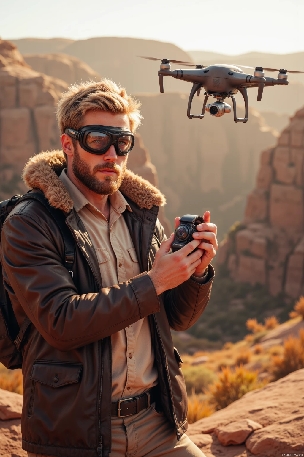 A man in a rugged outfit operates a drone in a desert landscape.
