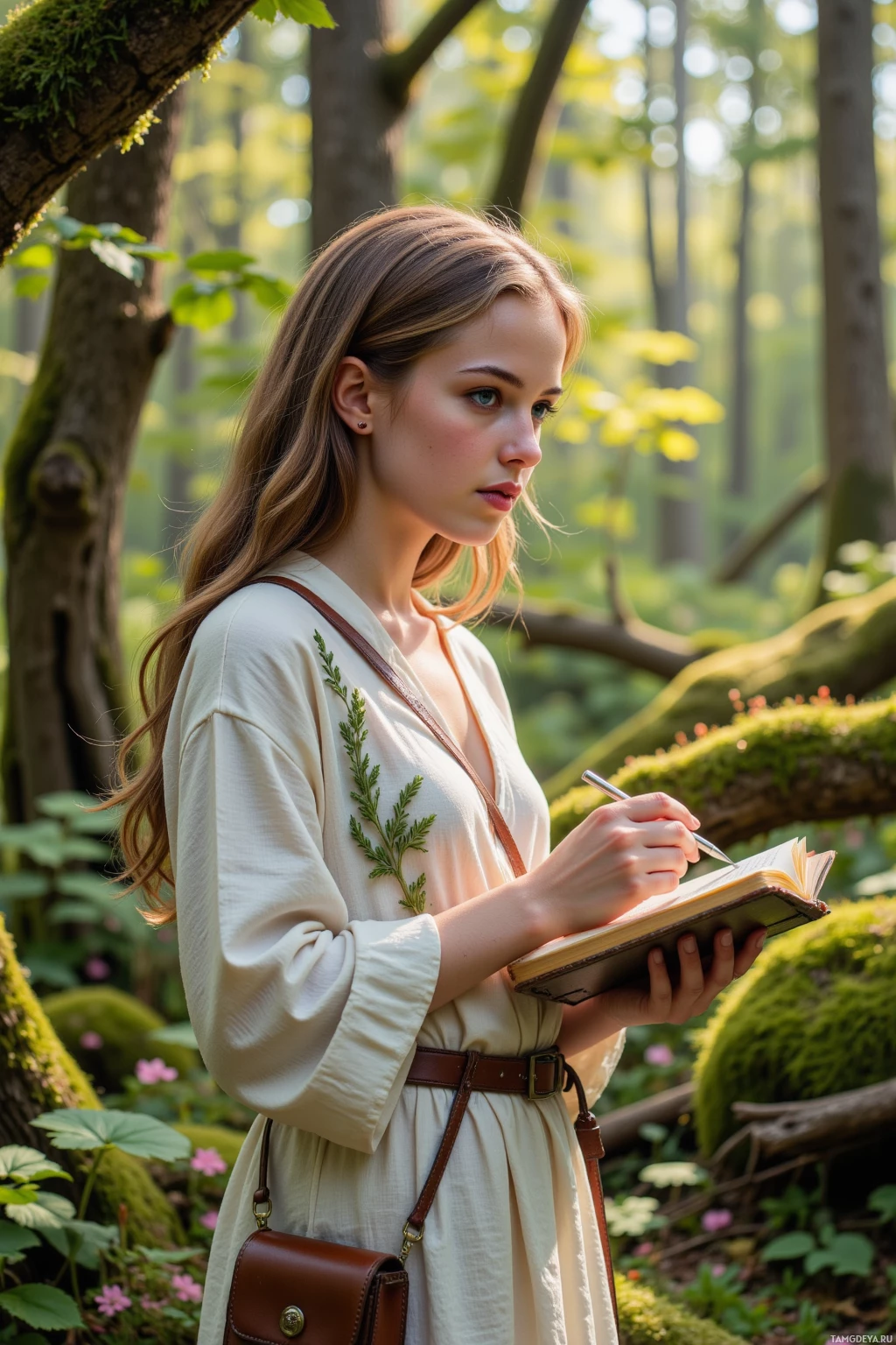 A woman in a forest setting, wearing a light-colored dress and holding a notebook, appears to be writing.