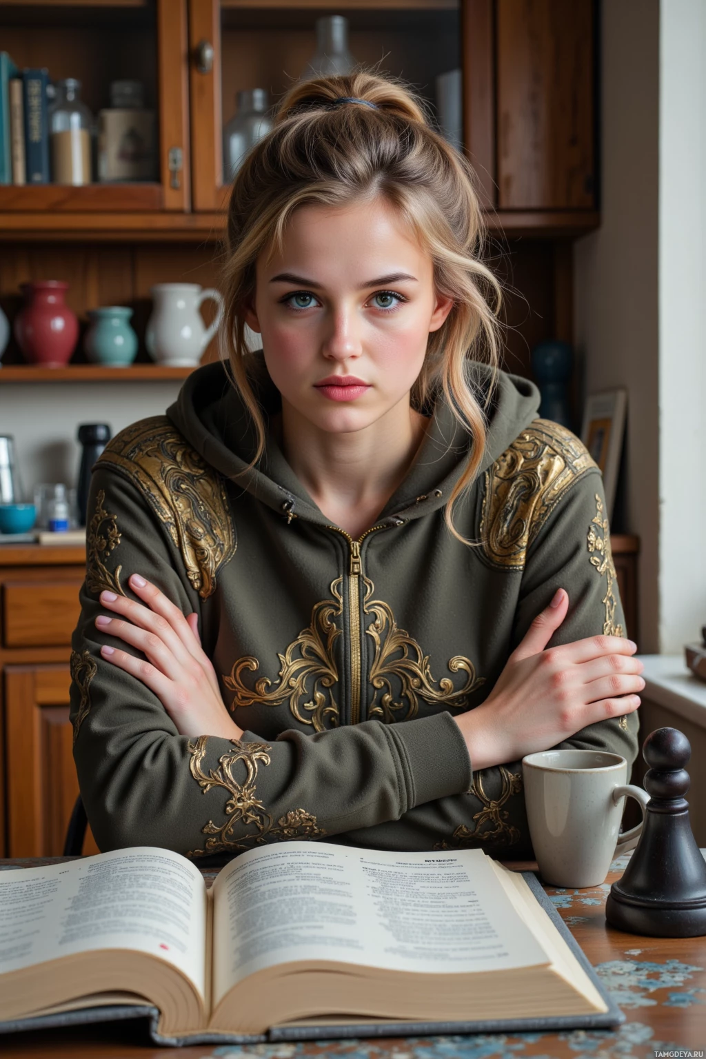 A person wearing a green hoodie with gold embroidery sits at a table with an open book and a mug.