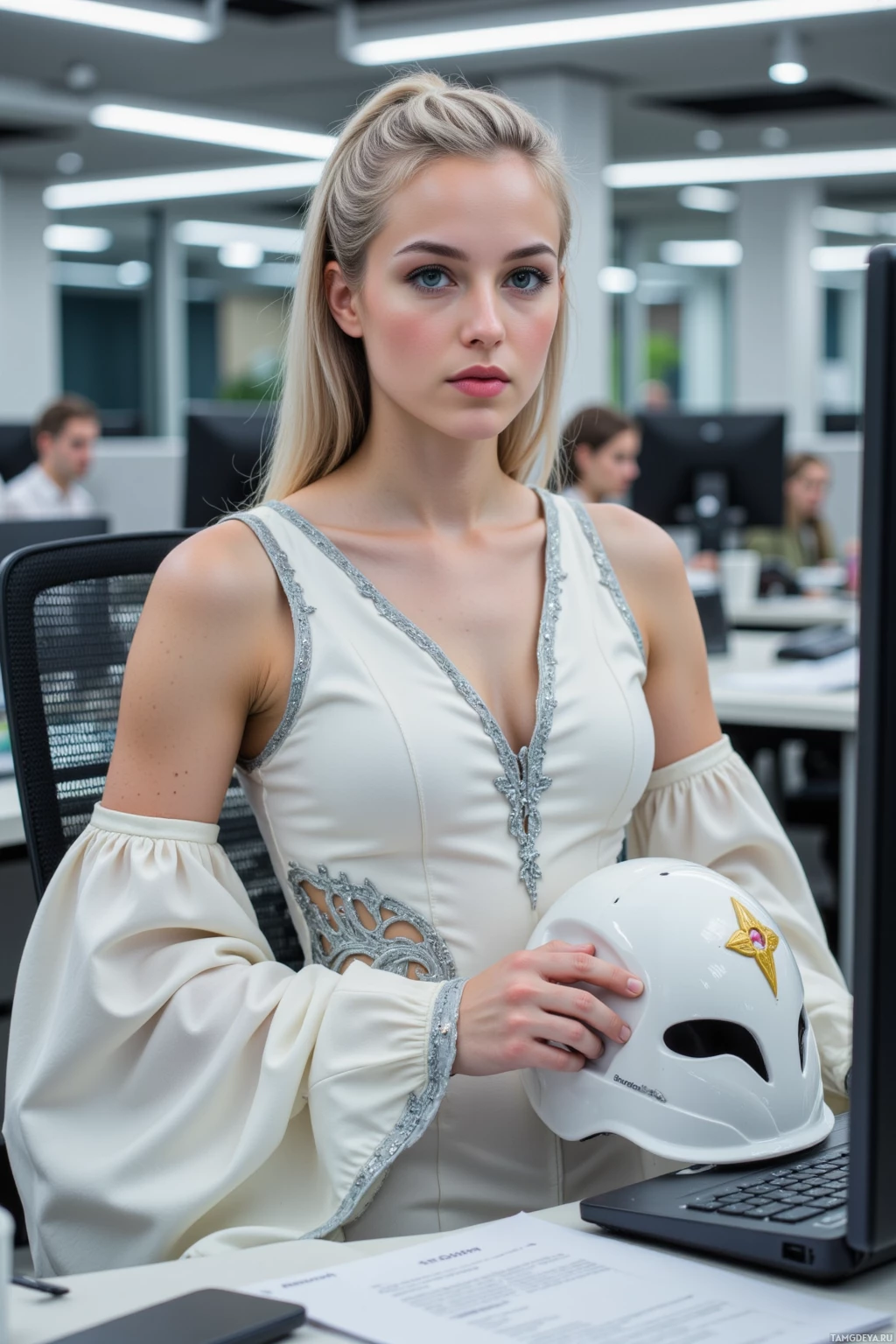 A woman in a white dress holds a white helmet while seated at a desk in an office setting.
