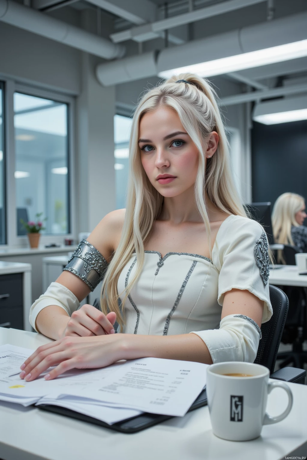 A woman with long blonde hair sits at a desk in an office, wearing a white dress with silver embellishments.
