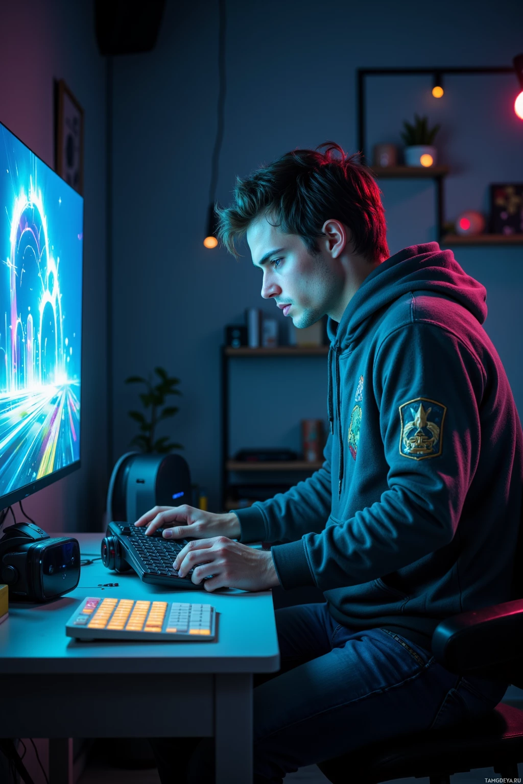 A person is sitting at a desk, working on a computer with a vibrant screen and colorful lighting in the room.