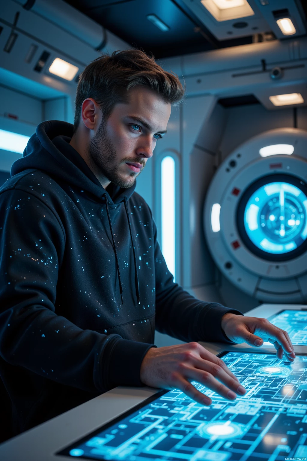 A man in a hoodie interacts with a futuristic, illuminated control panel.