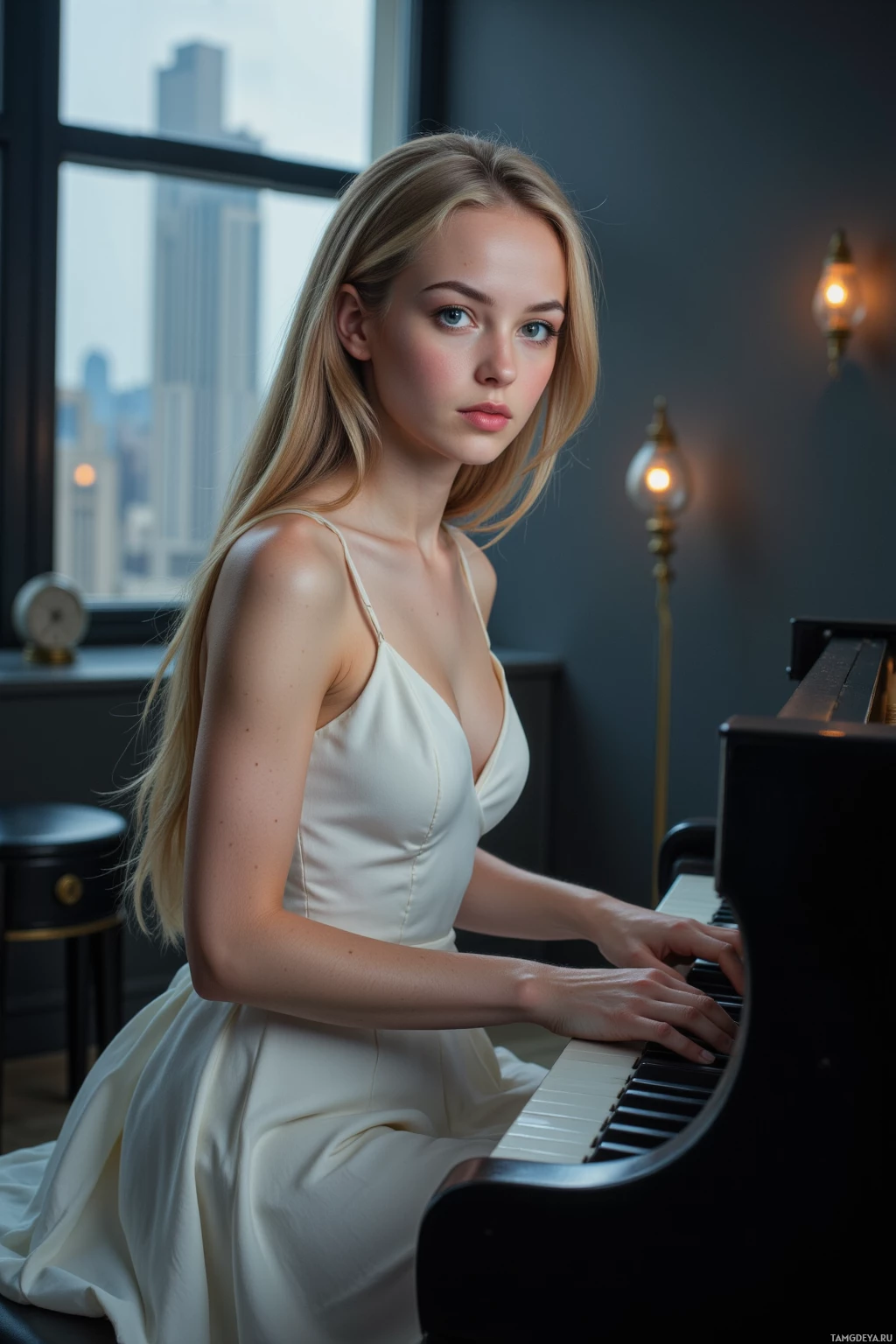 A woman in a white dress plays a piano in a dimly lit room with a cityscape view.