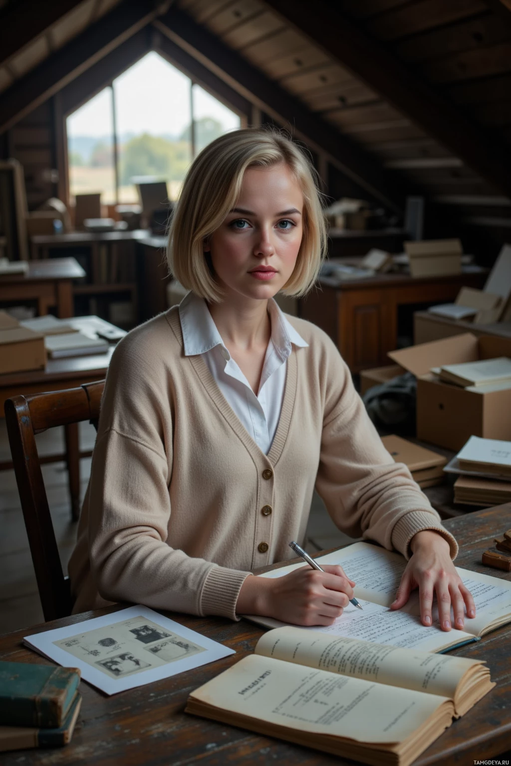 A person is sitting at a desk in a room with books and papers, writing in a notebook.